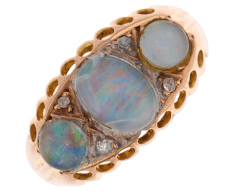 An early 20th century 9ct rose gold seven stone opal triplet and diamond half hoop ring, maker WN, Chester 1922, setting heig