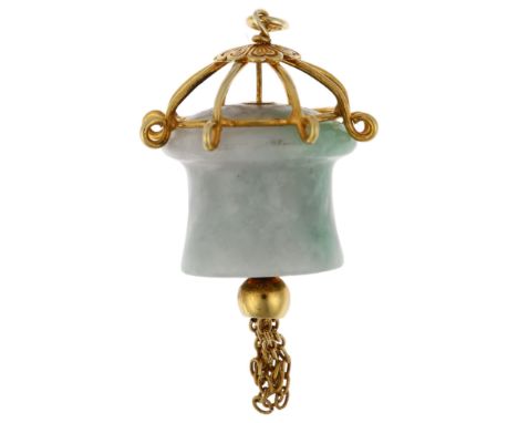 A Chinese 14ct gold jade birdcage drop pendant, 45.9mm, 11.7gNo damage or repair, stamped 14k 