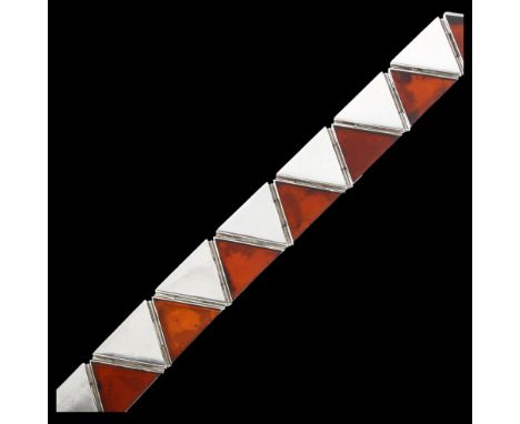 A Polish modernist sterling silver and Baltic amber geometric triangular panel bracelet, maker JZ, Gdansk, 18.5cm, 44.6gNo da