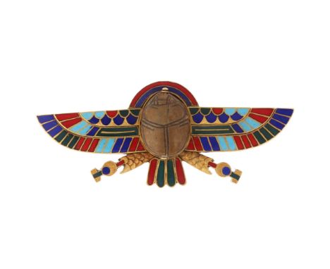 A Victorian Egyptian Archaeological Revival winged scarab beetle phoenix brooch, circa 1880, the central hardstone scarab wit