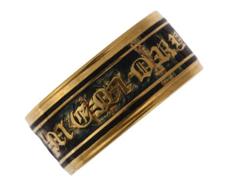 A 19th century 18ct gold black enamel 'in memory of' mourning band ring, maker SG, London 1819?, inscribed inside shank "John