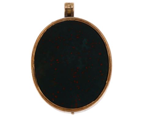 An early 20th century hardstone locket pendant, oval form set with carnelian and bloodstone with patent hinge, apparently unm