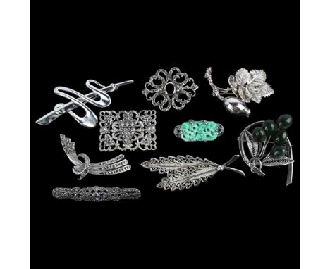Various silver brooches, including Danish floral example, 63g grossLot sold as seen unless specific item(s) requested 