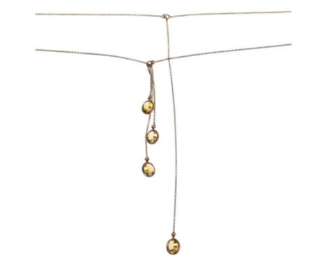 An unusual silver-gilt citrine negligee pendant necklace, apparently unmarked, 88cm, 11gNo damage or repair, only light surfa