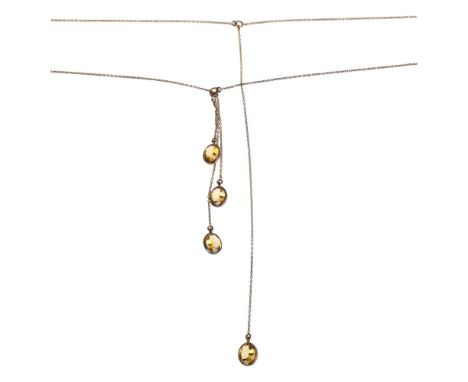 An unusual silver-gilt citrine negligee pendant necklace, apparently unmarked, 88cm, 11gNo damage or repair, only light surfa