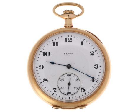 ELGIN - an American 14ct gold open-face keyless pocket watch, white enamel dial with Arabic numerals, blued steel spade hands