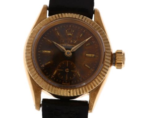 ROLEX - a lady's 18ct gold Oyster Perpetual automatic wristwatch, ref. 6509, tropical dial with applied gilt baton hour marke