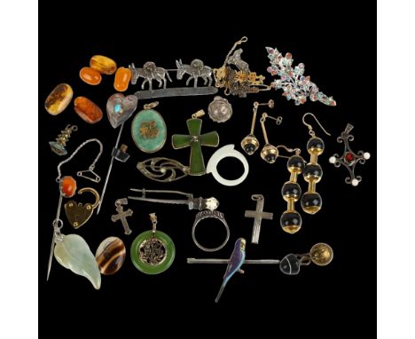 Various jewellery, including Navajo sterling silver and turquoise heart stickpin, butterscotch amber beads, jade ring etcLot 