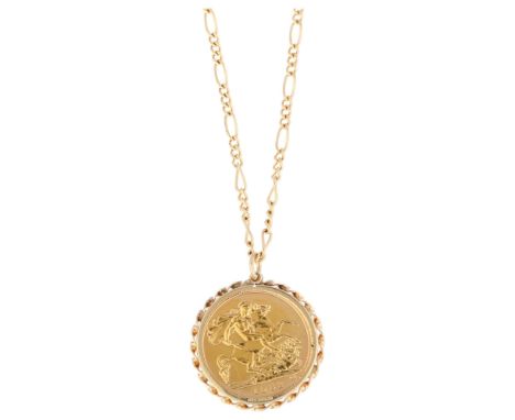 An Elizabeth II 1982 gold half sovereign coin, in 9ct pendant mount with 9ct figaro link chain necklace, pendant diameter 22m