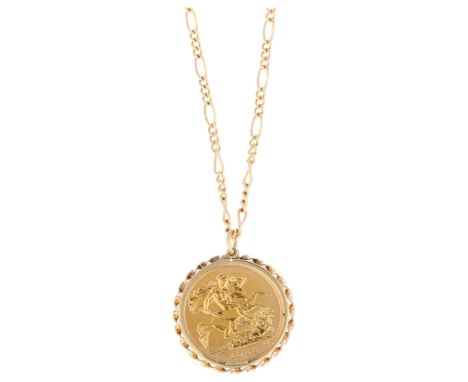 An Elizabeth II 1982 gold half sovereign coin, in 9ct pendant mount with 9ct figaro link chain necklace, pendant diameter 22m