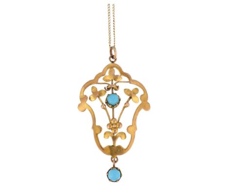 An Edwardian 9ct rose gold turquoise floral openwork pendant necklace, on later 9ct fine curb link chain, pendant 38.7mm, cha