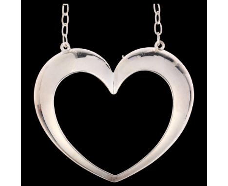 BERNHARD HERTZ - a large Danish modernist sterling silver heart openwork pendant necklace, on integral sterling cable link ch