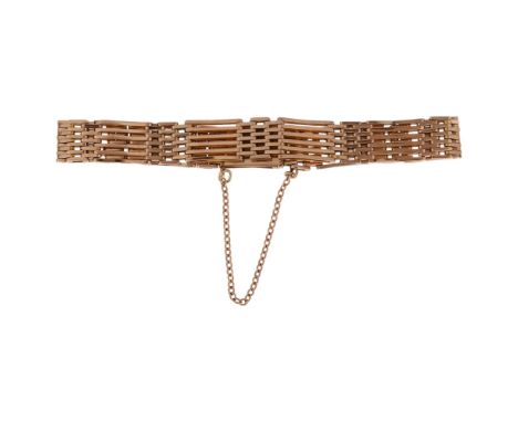 An early 20th century 9ct rose gold gatelink bracelet, band width 9.6mm, 18.5cm, 16.9gClasp has a solder repair otherwise no 