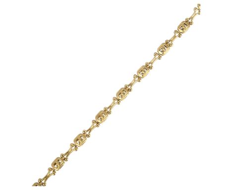 An Italian 18ct gold fancy link chain bracelet, 18cm, 10.1gBracelet clasp and tongue are broken inside catch and require repa