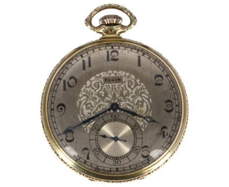 ELGIN - an Art Deco 14k gold filled open-face keyless slimline pocket watch, silvered dial with hand painted Arabic numerals,