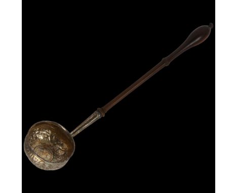 A Georgian silver toddy ladle, with inset 1711 coin base and turned wood handle, length 30cmSome solder around coin, a few so