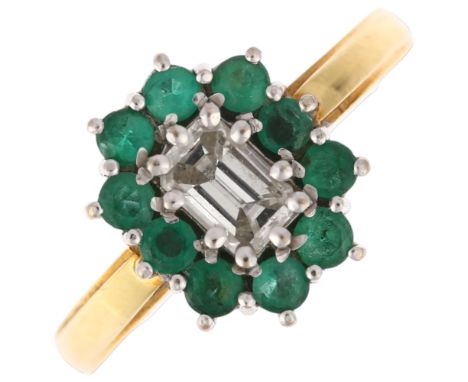 An 18ct gold diamond and emerald cluster ring, claw set with 0.48ct emerald-cut diamond and round-cut emeralds, total emerald