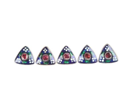 A set of 5 Arts and Crafts garnet and polychrome enamel dress buttons, circa 1910, apparently unmarked silver settings, in tr