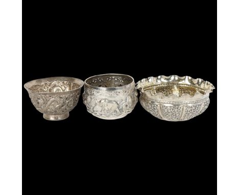 3 Eastern white metal bowls, including Indian lobed example, diameter 11cm, 7.6oz total (3)Lot sold as seen unless specific i