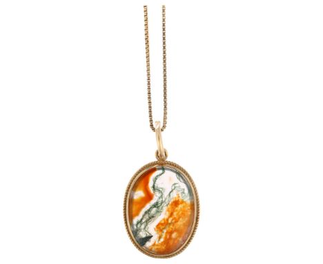 A late 20th century 9ct gold moss agate drop pendant necklace, maker FKB Ltd, Birmingham 1970, rub-over set with oval panel a