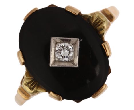 An American onyx and diamond dress ring, set with 0.1ct modern round brilliant-cut diamond, apparently unmarked, setting heig