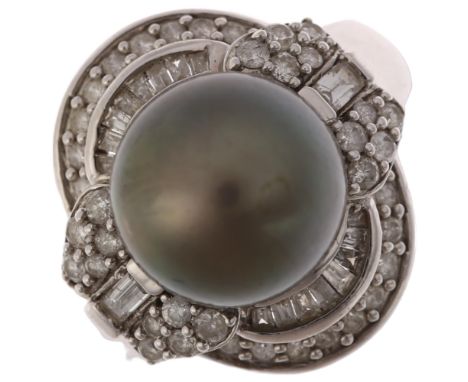 A modern 14ct white gold grey Tahitian pearl and diamond cluster cocktail ring, in Art Deco style, centrally set with 10.9mm 