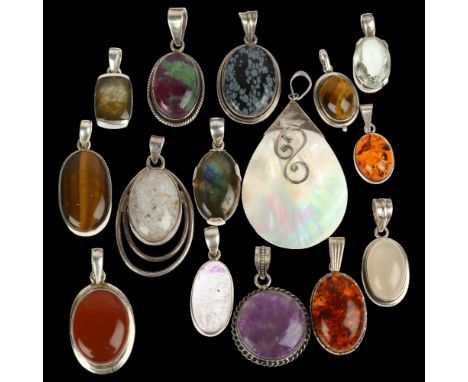A quantity of silver gem set pendant, including snowflake obsidian, amber labradorite etcLot sold as seen unless specific ite