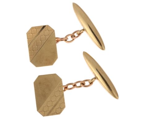A pair of mid-20th century 9ct gold cufflinks, maker HG&S, Birmingham 1964, canted rectangular panels with engine turned deco