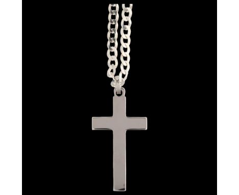 A modern sterling silver cross pendant necklace, on sterling flat curb link chain, pendant 43.4mm, chain length 54cm, 18.5gNo