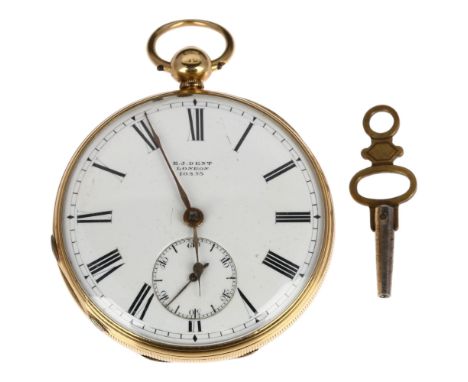 A 19th century 18ct gold open-face key-wind fusee pocket watch, EJ Dent of London, white enamel dial with Roman numeral hour 