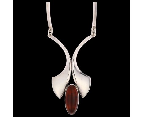 NIELS ERIK FROM - a large mid-century Danish modernist sterling silver and amber abstract pendant necklace, set with oval cab