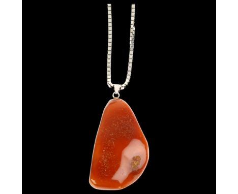 TURM GULD & SOLV - a Danish sterling silver Baltic amber pendant necklace, on sterling box link chain, pendant 64.8mm, chain 