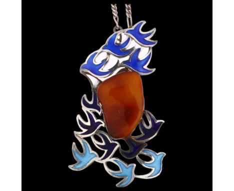 HELGA EXNER - a large Danish modernist sterling silver pressed amber and enamel bird pendant necklace, on silver figaro link 