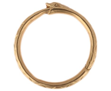 A 19th century ouroboros snake split charm ring, circa 1850, modelled as a snake devouring its own tail, apparently unmarked,