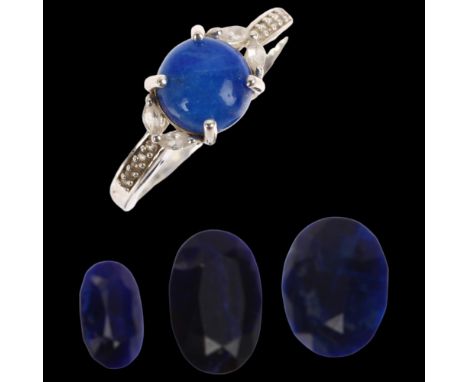 A modern sterling silver afghanite and white sapphire dress ring, setting height 8.1mm, size S, 3.2g, with 3 unmounted oval m