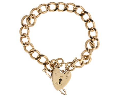 A mid-20th century 9ct gold solid curb link chain bracelet, maker FM, London 1966, with 9ct heart padlock clasp, 19cm, 29.9gE