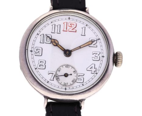 A First World War Period Swiss silver Officer's style trench mechanical wristwatch, circa 1915, white enamel dial with Arabic