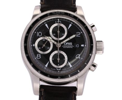 ORIS - a stainless steel Big Crown Telemeter automatic chronograph wristwatch, ref. 7569, engine turned black dial with 3 sub