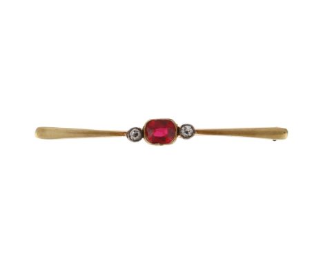 A 14ct gold three stone synthetic ruby and diamond bar brooch, rub-over set with 0.6ct oval mixed-cut synthetic ruby, 47.2mm,