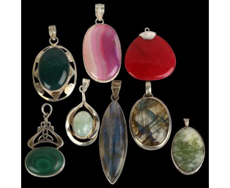 A quantity of silver gem set pendants, including pink lace agate, labradorite, malachite etcLot sold as seen unless specific 