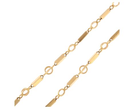 A modern fancy bar link chain necklace, unmarked yellow metal settings test as 18ct gold, length 66cm, 25.5gA couple of links