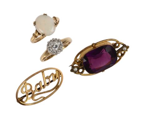 Various jewellery, including 9ct gold opal ring, 9ct baby brooch, etc, both ring sizes L, 12.3g grossLot sold as seen unless 