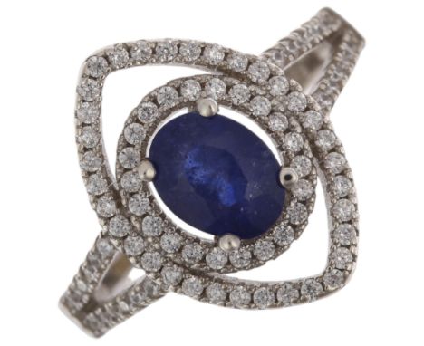 A modern sterling silver sapphire and cubic zirconia marquise openwork ring, setting height 16.1mm, size K, 3.5gNo damage or 