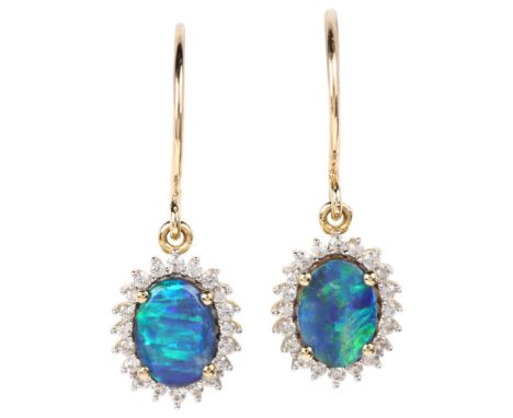 A pair of 9ct gold opal triplet and cubic zirconia oval cluster drop earrings, with shepherd hook fittings, 23.2mm, 1.5gNo da