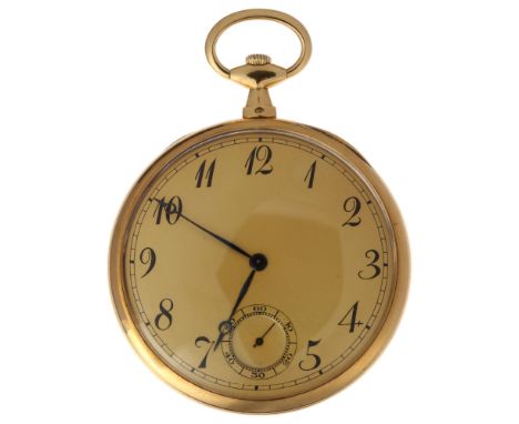 A Swiss 18ct gold open-face keyless slimline pocket watch, champagne dial with black Breguet Arabic numerals, blued steel Bre