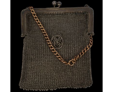 A French silver chainmail evening bag, with unmarked yellow metal curb link chain handle and applied silver monogram, 11.5cm 