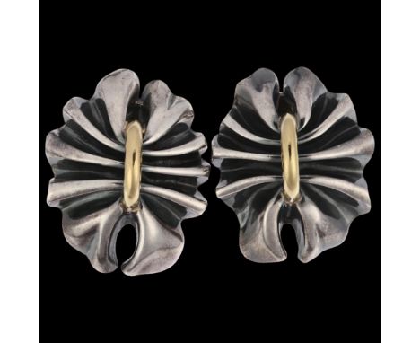 GEORG JENSEN - a heavy pair of Danish modernist sterling silver and silver-gilt fold clip-on earrings, designed by Lene Munth