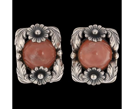 NIELS ERIK FROM - a pair of Danish Art Nouveau sterling silver and rose quartz floral clip-on earrings, 20.4mm, 10.8gNo damag