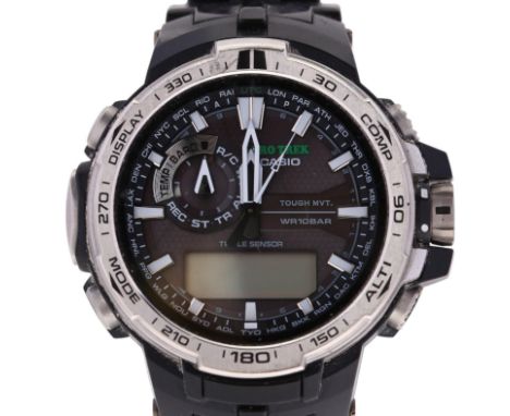 CASIO - a stainless steel and rubber Pro Trek Tough Solar quartz wristwatch, ref. PRW-6000, grey analogue/digital dial with l