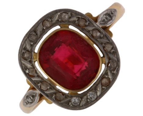 A French 18ct gold late 20th century garnet-topped-doublet diamond cluster ring, rub-over set with oval mixed-cut composite g